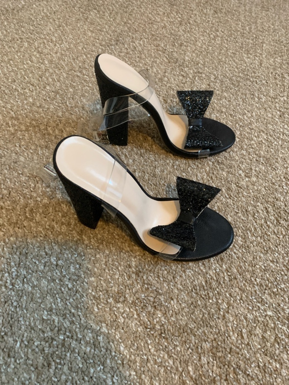 Black Glitter Bow Block Heel Sandals with Clear Strap